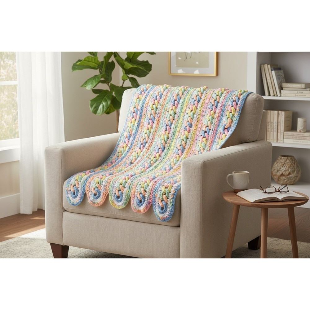 Handmade Mile-a-Minute Crochet Blanket Pastel Rainbow 62x40 Scalloped Edge
